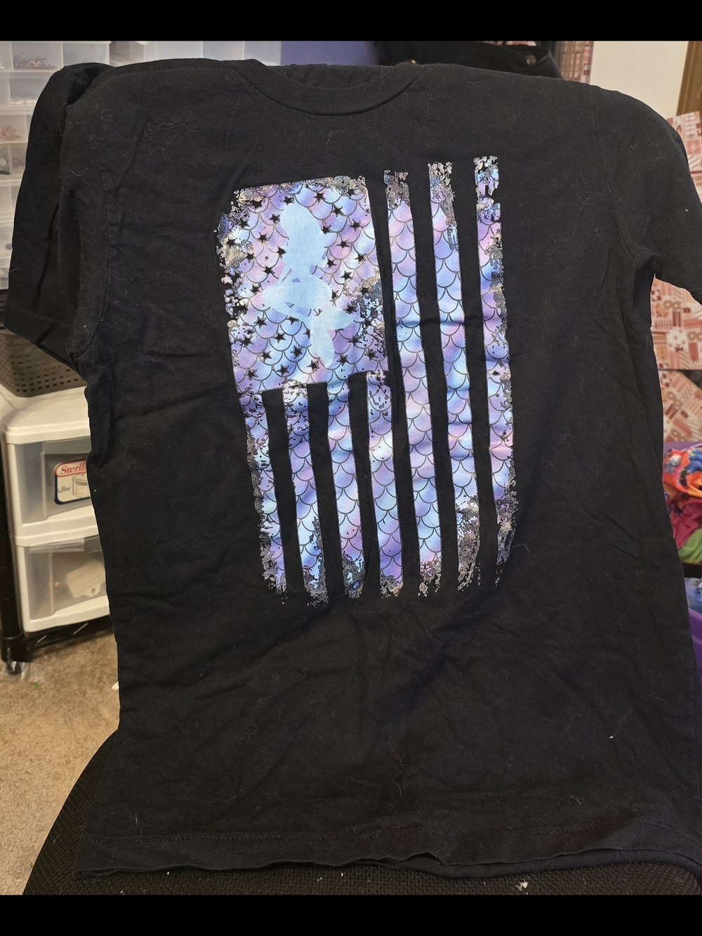 Black Tee with Pastel Mermaid-Scale Flag Graphic